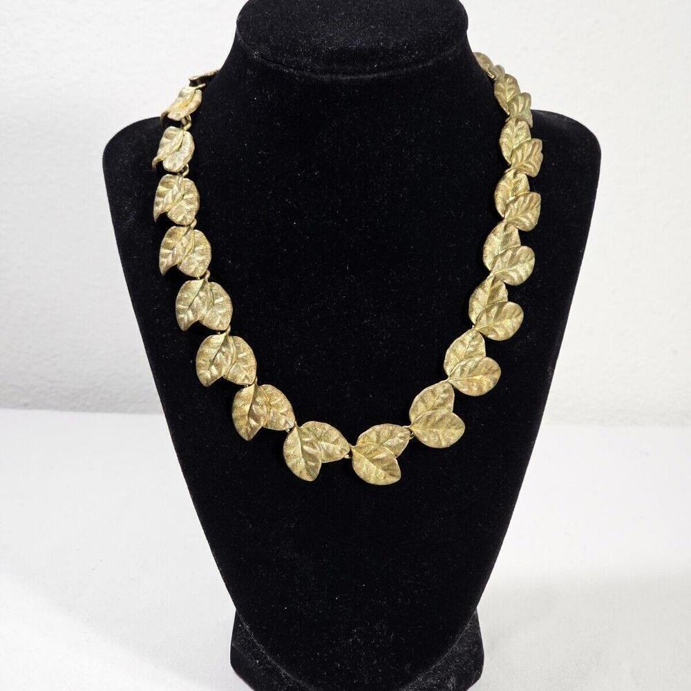 Vintage Double Row Leaf Necklace Gold Tone Mid-Century Designer 17" - Picture 2 of 8